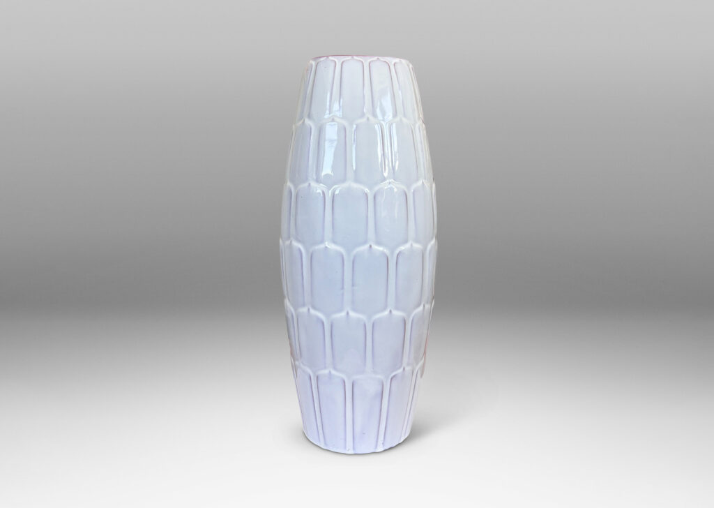 Gallery BAC large swelling form with pinecone-like scale pattern in relief, glazed in a glossy white