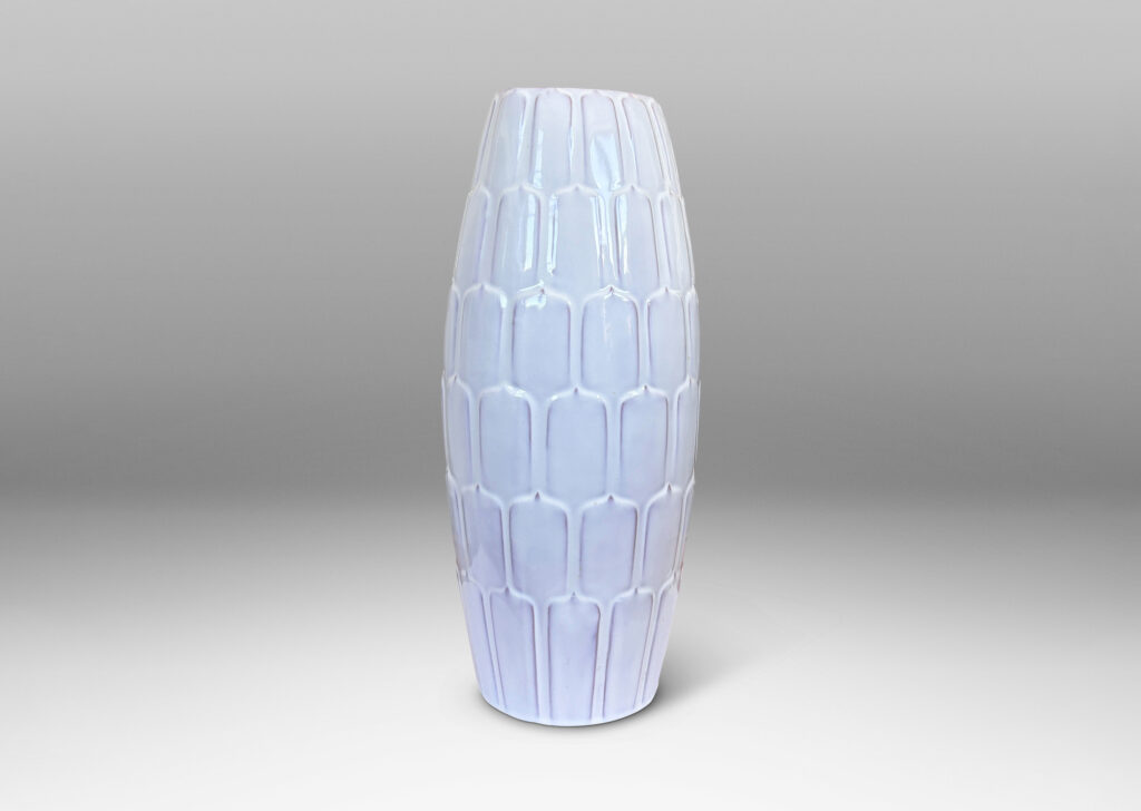 Gallery BAC large swelling form with pinecone-like scale pattern in relief, glazed in a glossy white