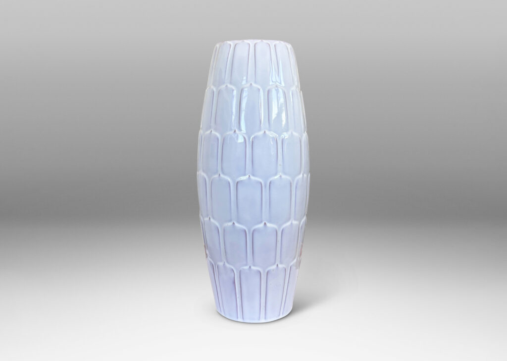 Gallery BAC large swelling form with pinecone-like scale pattern in relief, glazed in a glossy white