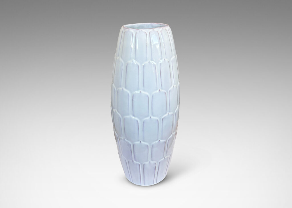 Gallery BAC large swelling form with pinecone-like scale pattern in relief, glazed in a glossy white