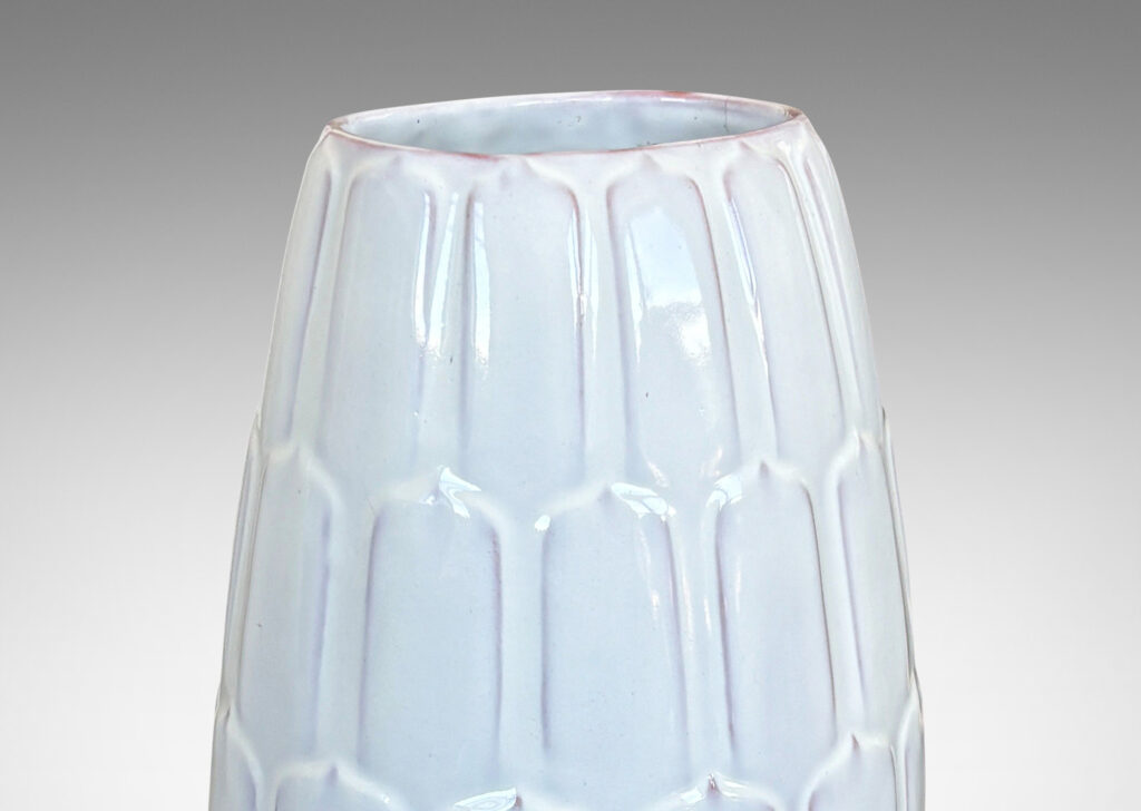 Gallery BAC large swelling form with pinecone-like scale pattern in relief, glazed in a glossy white