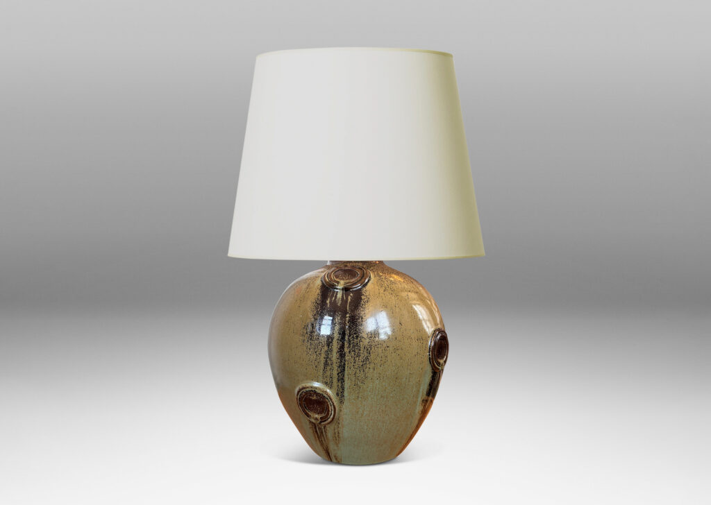 Gallery BAC balloon form with floating circular motifs in relief, glazed in olive green and brown tones