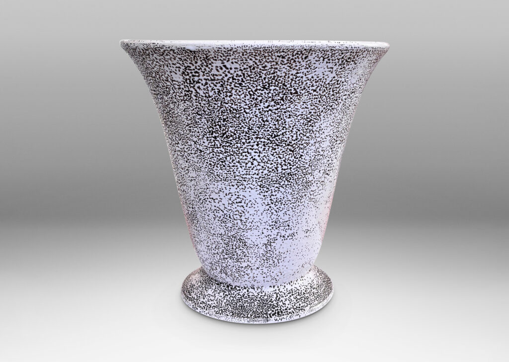 Gallery BAC lyre-silhouetted vase form on a flanged foot, glazed in white “crispé” glaze over matte brown