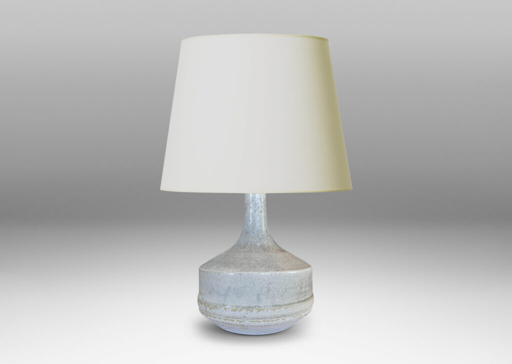 Gallery BAC low drum forms with sprouting tall necks, glazed in mottled very pale gray