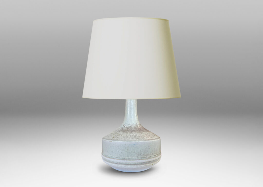 Gallery BAC low drum forms with sprouting tall necks, glazed in mottled very pale gray