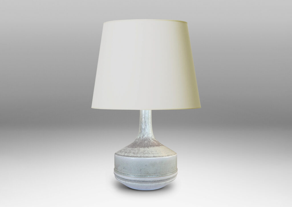 Gallery BAC low drum forms with sprouting tall necks, glazed in mottled very pale gray