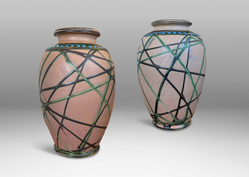 Gallery BAC large tapered forms, partially pipe-glazed with angled lines and dotted collars in black, blue and green