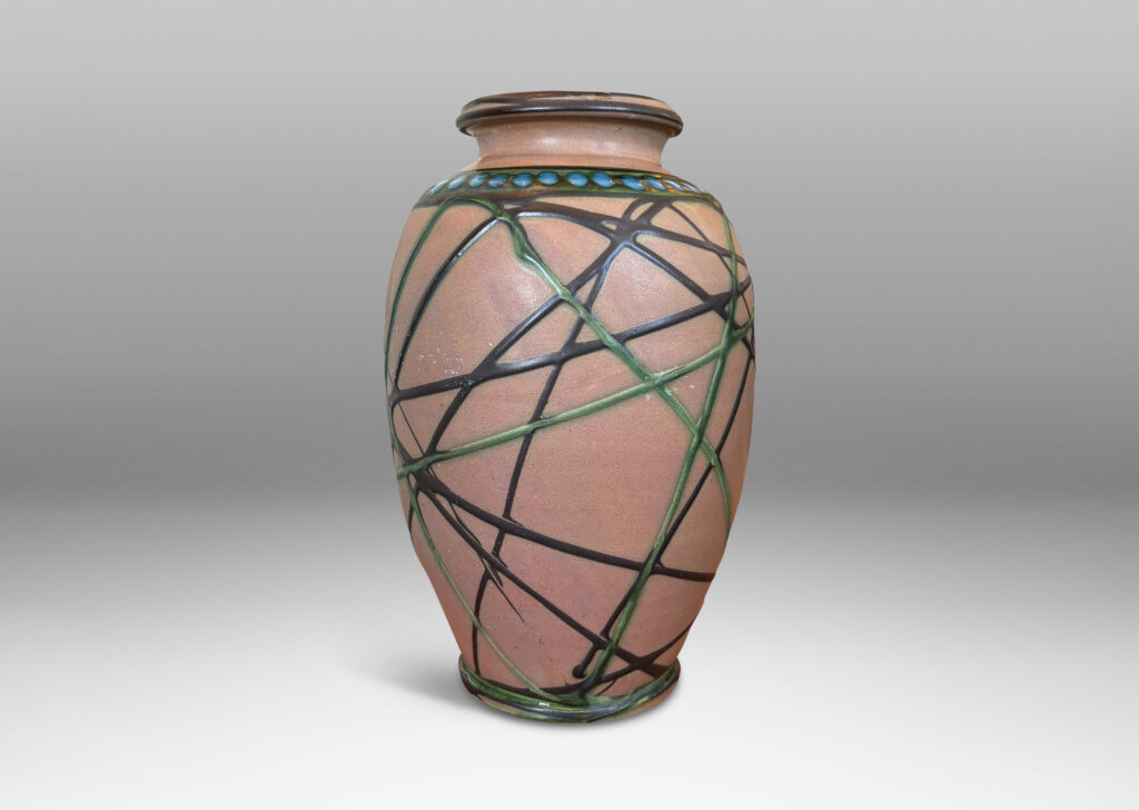 Gallery BAC large tapered forms, partially pipe-glazed with angled lines and dotted collars in black, blue and green