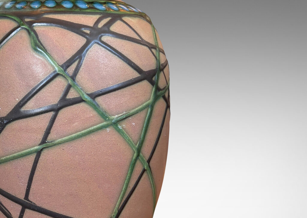 Gallery BAC large tapered forms, partially pipe-glazed with angled lines and dotted collars in black, blue and green