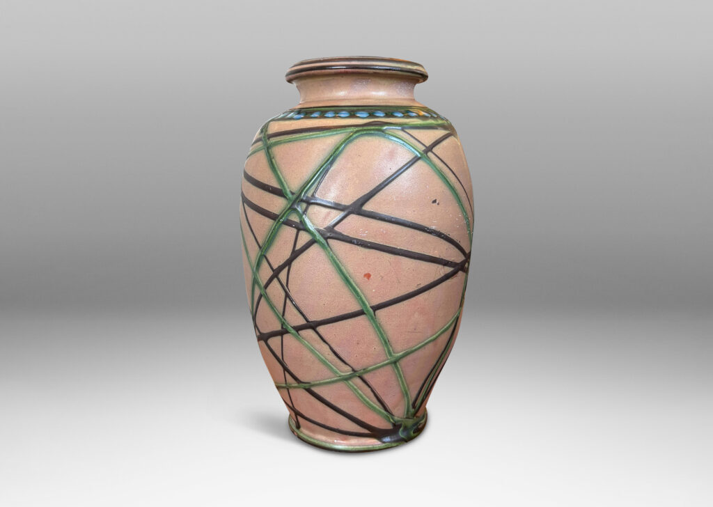 Gallery BAC large tapered forms, partially pipe-glazed with angled lines and dotted collars in black, blue and green