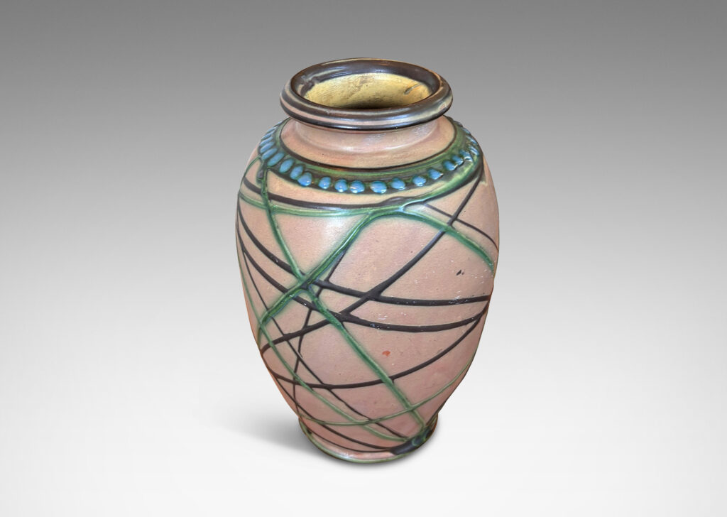 Gallery BAC large tapered forms, partially pipe-glazed with angled lines and dotted collars in black, blue and green