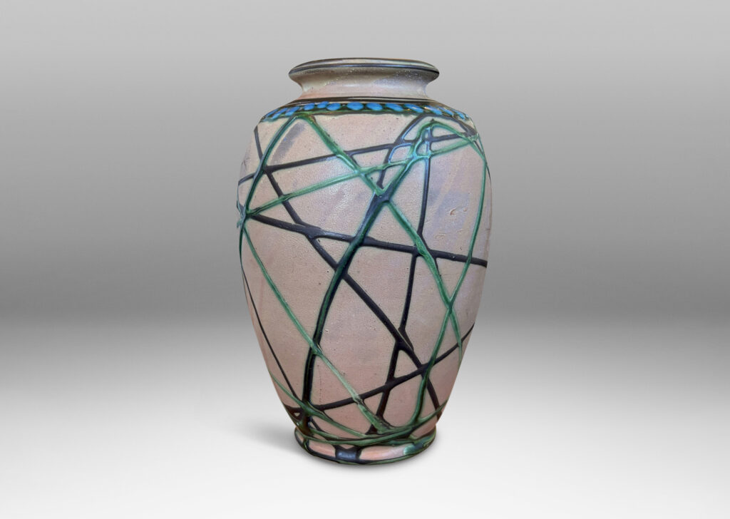 Gallery BAC large tapered forms, partially pipe-glazed with angled lines and dotted collars in black, blue and green