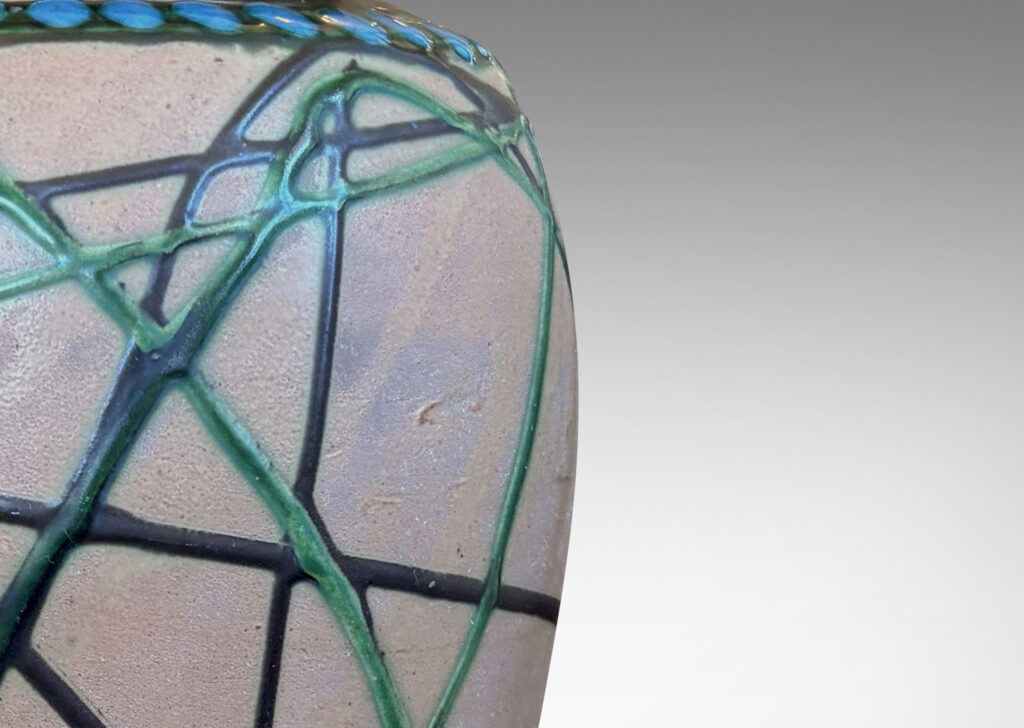 Gallery BAC large tapered forms, partially pipe-glazed with angled lines and dotted collars in black, blue and green