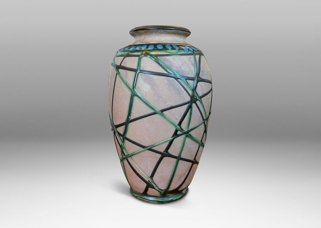 Gallery BAC large tapered forms, partially pipe-glazed with angled lines and dotted collars in black, blue and green