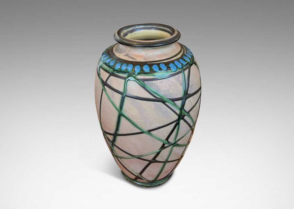 Gallery BAC large tapered forms, partially pipe-glazed with angled lines and dotted collars in black, blue and green