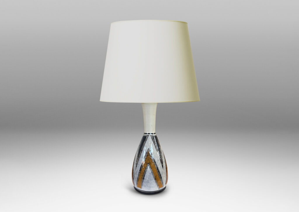 Gallery BAC carafe-like form with bulbous body and flared neck, glazed white with golden yellow, gray-blue, and black