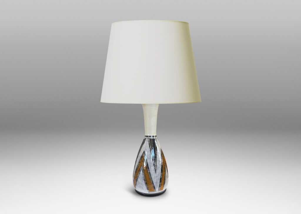 Gallery BAC carafe-like form with bulbous body and flared neck, glazed white with golden yellow, gray-blue, and black