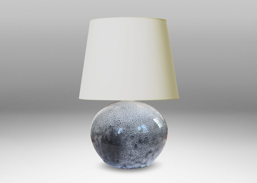 Gallery BAC wide globe form in white with dark gray stipple-glazed earthenware