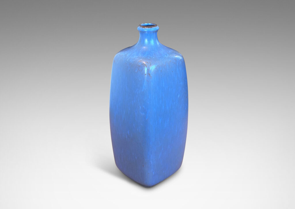 Gallery BAC tall squared bottled form, glazed in gray-blue with warm undertones
