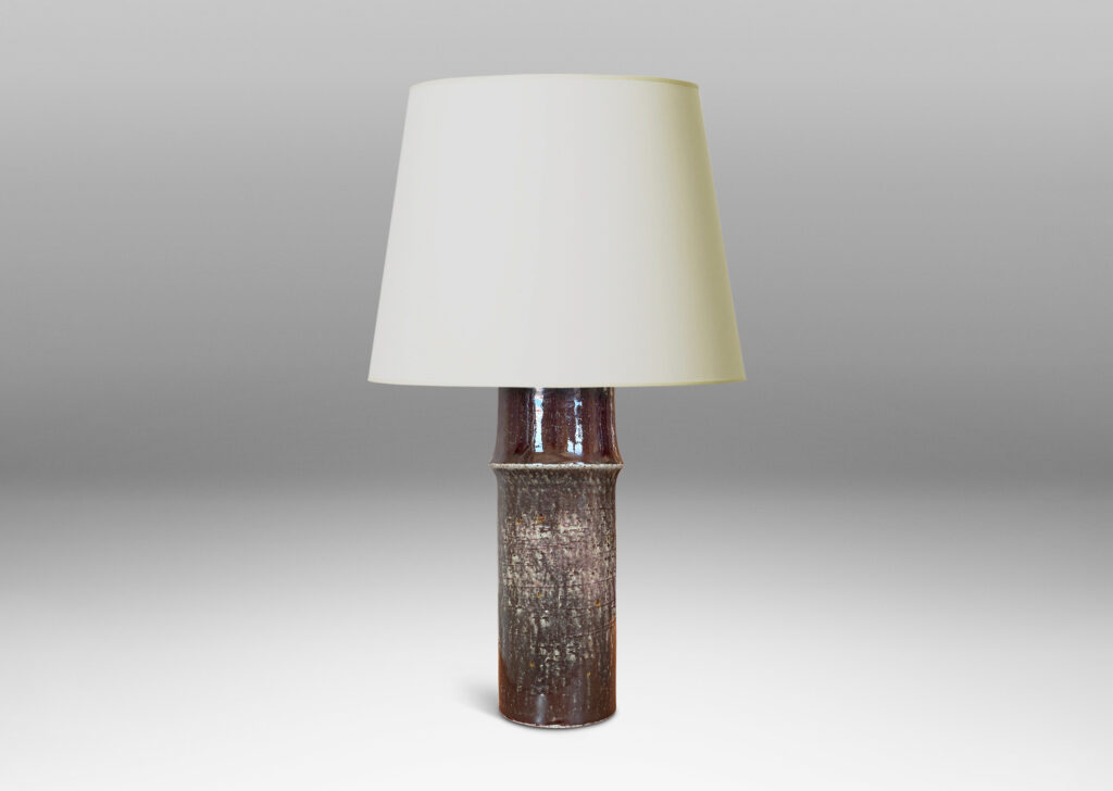 Gallery BAC notched cylindrical form with wonderful grog clay texture glazed in greenish gray, black and burgundy