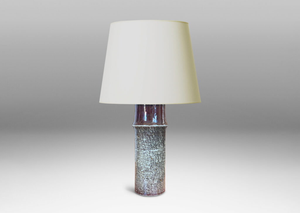 Gallery BAC notched cylindrical form with wonderful grog clay texture glazed in greenish gray, black and burgundy