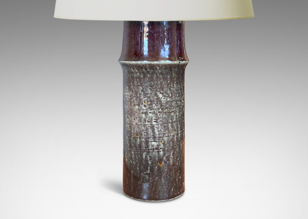 Gallery BAC notched cylindrical form with wonderful grog clay texture glazed in greenish gray, black and burgundy