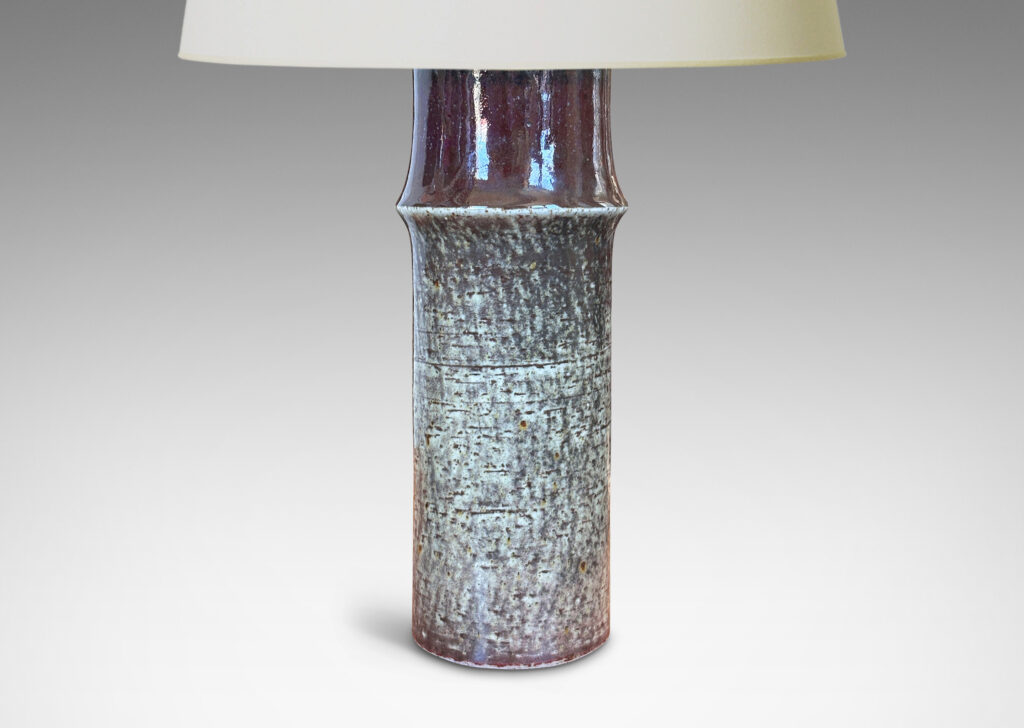 Gallery BAC notched cylindrical form with wonderful grog clay texture glazed in greenish gray, black and burgundy