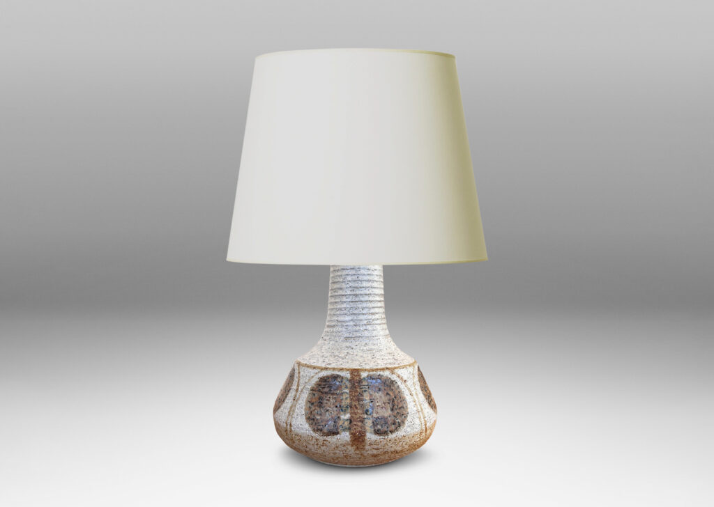 Gallery BAC ridged decanter-like form, glazed in a pale gray with painted geometric ornaments in light and dark brown