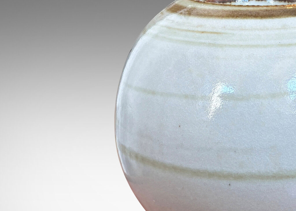 Gallery BAC globe form with wide mouth / holder articulated in brown against a pale gray glazing