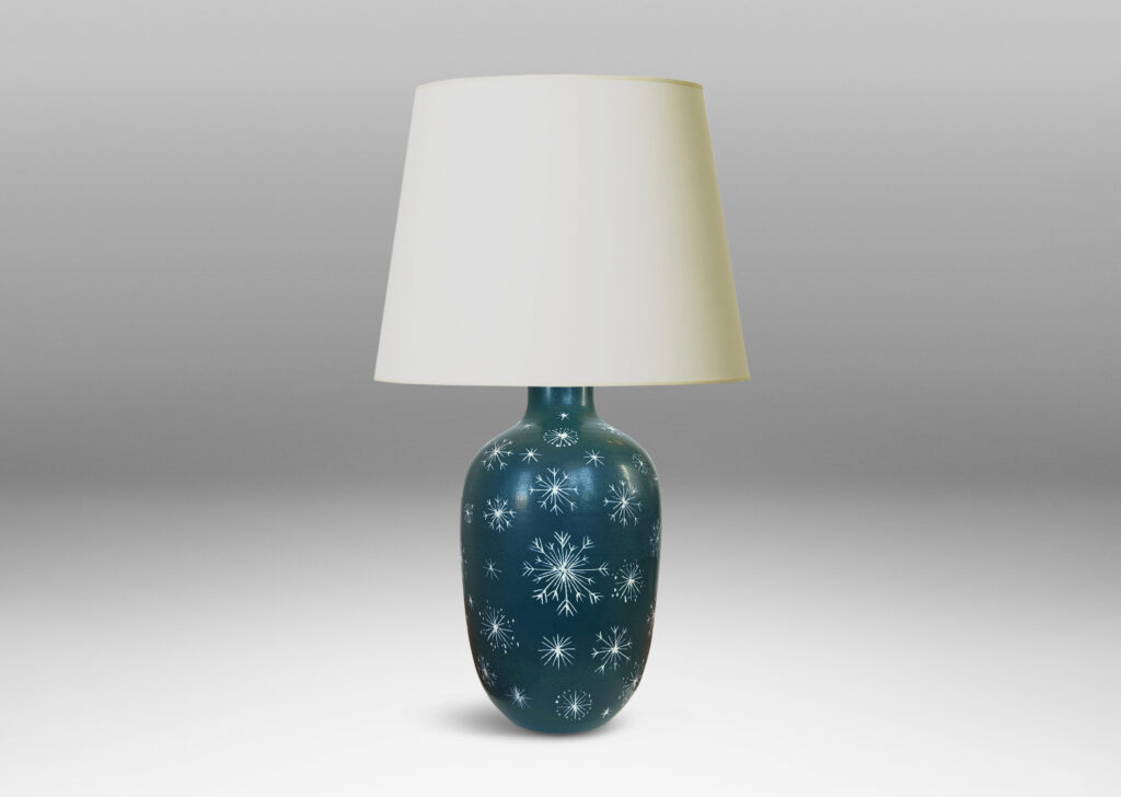 Gallery BAC tapered ovoid form, glazed in turquoise with white snowflake ornaments