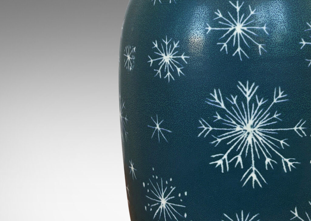 Gallery BAC tapered ovoid form, glazed in turquoise with white snowflake ornaments