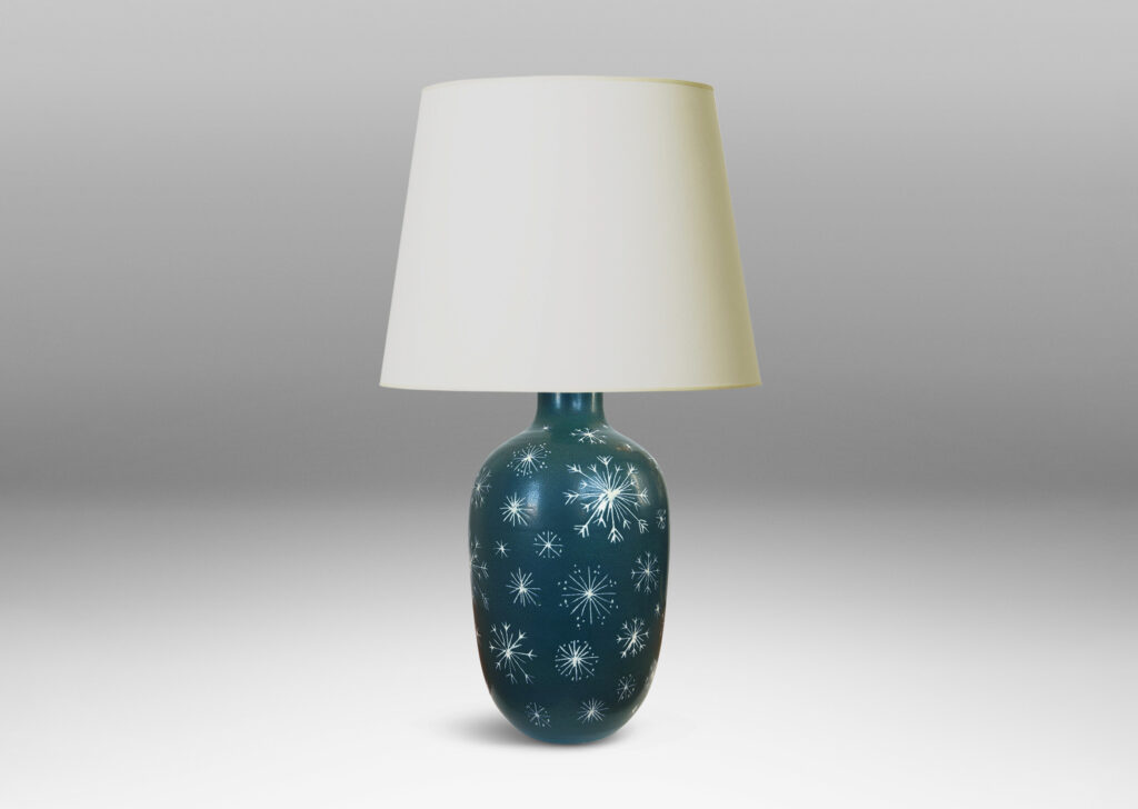 Gallery BAC tapered ovoid form, glazed in turquoise with white snowflake ornaments