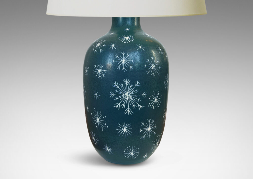 Gallery BAC tapered ovoid form, glazed in turquoise with white snowflake ornaments