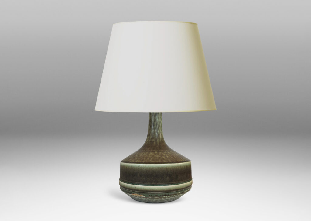 Gallery BAC low drum form with sprouting tall necks, glazed in a velvety dark green