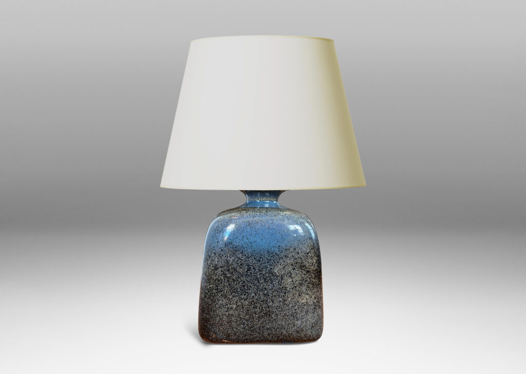 Gallery BAC bottle-like form with sloped shoulders and flanged cap, glazed in a grayish-blue with darker tone speckles