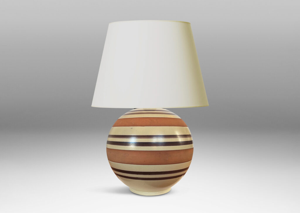 Gallery BAC spherical form partially glazed in pale tan-gray with brown stripes and broad unglazed bands
