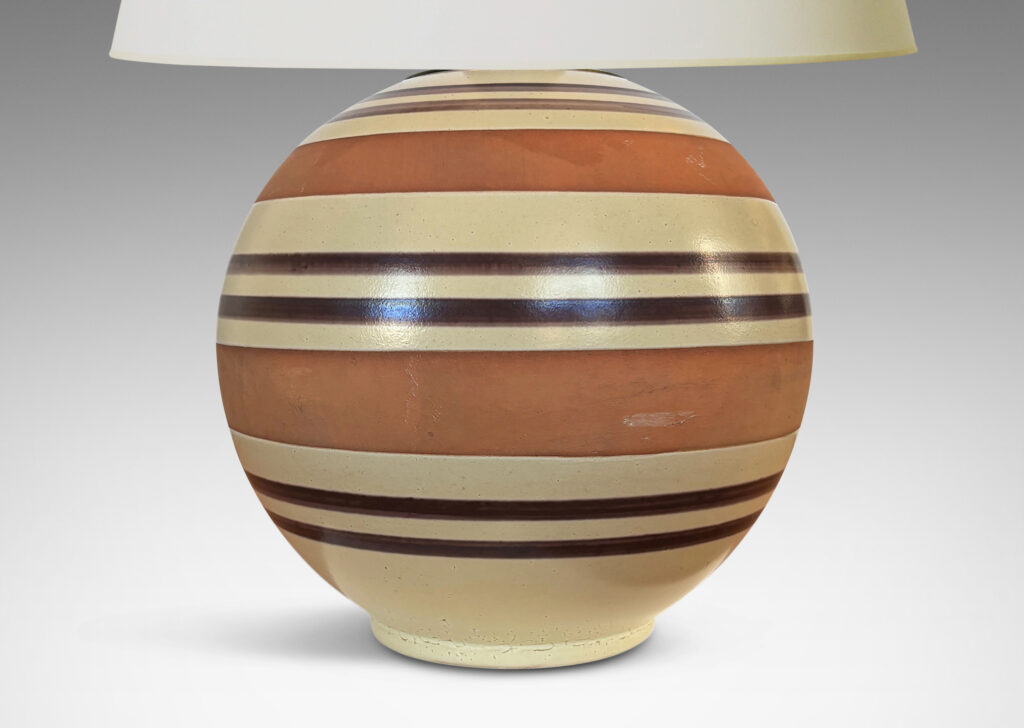 Gallery BAC spherical form partially glazed in pale tan-gray with brown stripes and broad unglazed bands