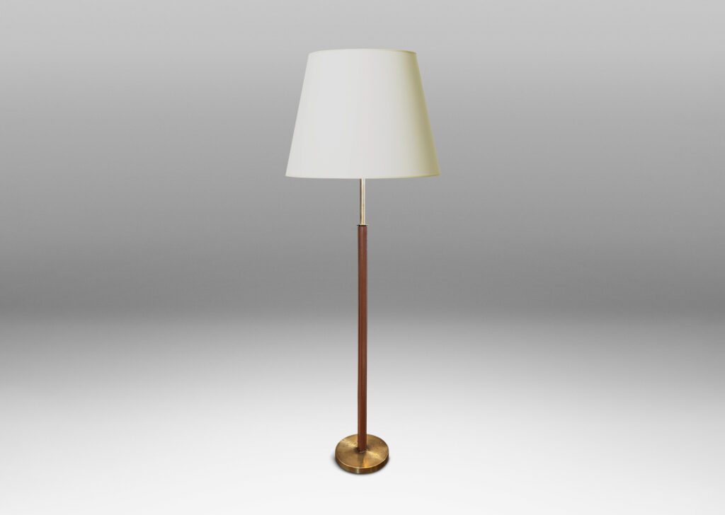 Gallery BAC square stand partially covered in stitched tan leather on a disk base