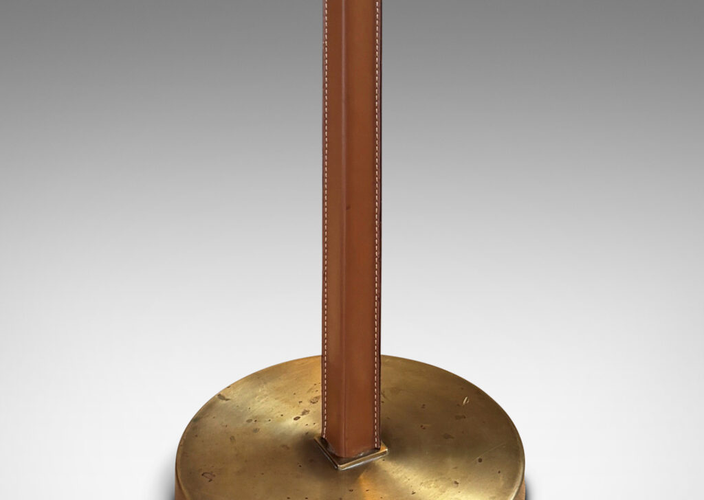 Gallery BAC square stand partially covered in stitched tan leather on a disk base