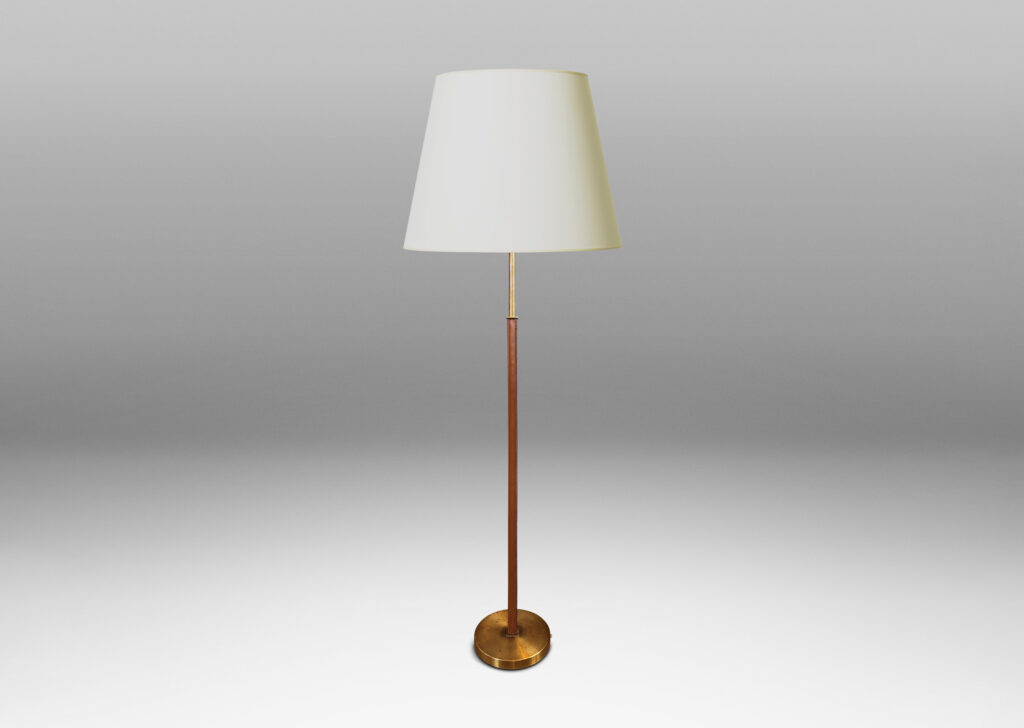 Gallery BAC square stand partially covered in stitched tan leather on a disk base