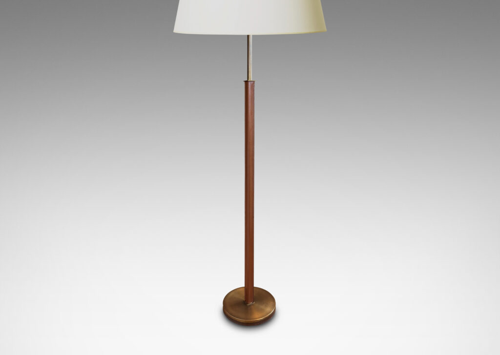 Gallery BAC square stand partially covered in stitched tan leather on a disk base