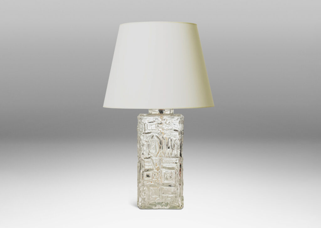 Gallery BAC square canister forms with various geometric designs in reliefs; clear mold-blown glass