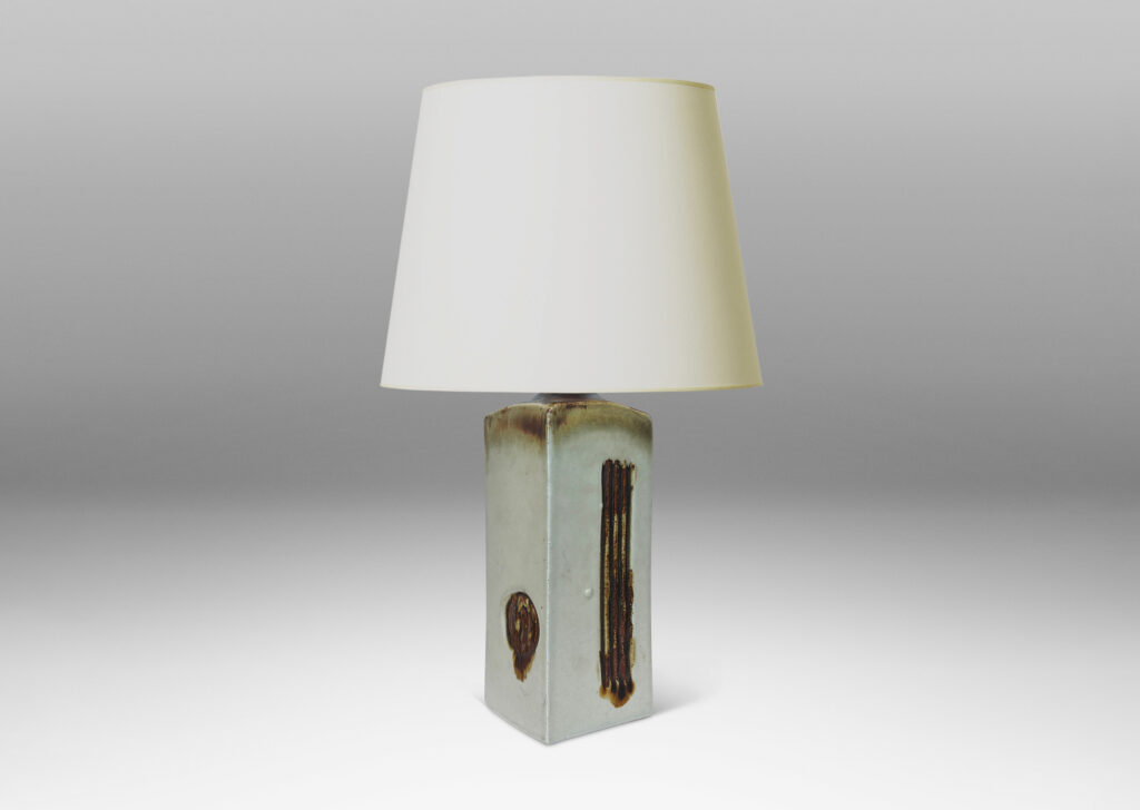 Gallery BAC rectangular box form, with linear and circular motifs, glazed in pale gray with brown