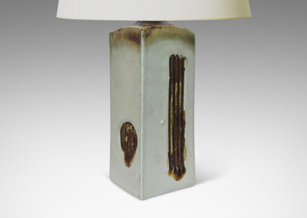Gallery BAC rectangular box form, with linear and circular motifs, glazed in pale gray with brown