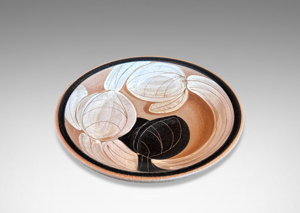 Gallery BAC concave form partially glazed with abstracted foliate design in black, ivory and brown