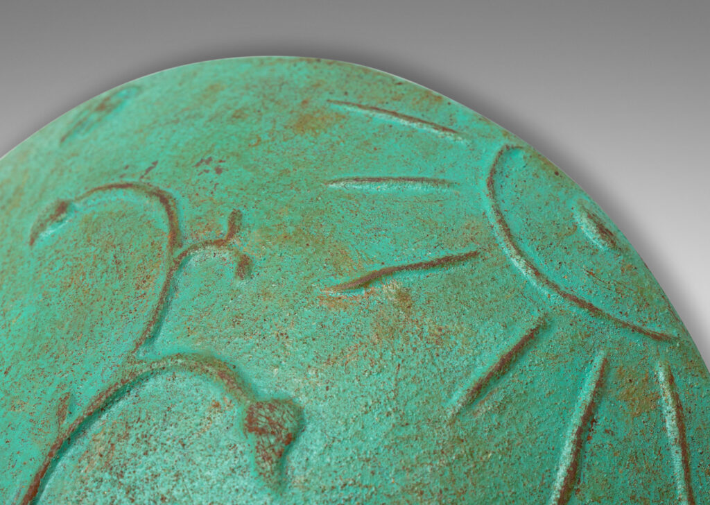 Gallery BAC wide angled forms on a flared stand, with reliefs of flora, birds and celestial bodies, painted in a rare original verdigris-turquoise