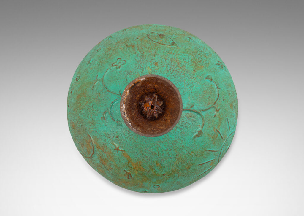 Gallery BAC wide angled forms on a flared stand, with reliefs of flora, birds and celestial bodies, painted in a rare original verdigris-turquoise