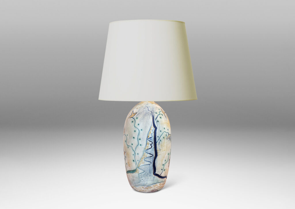 Gallery BAC elongated ovoid form with wonderful carved stylized horses and foliage, glazed in matte blues and yellows