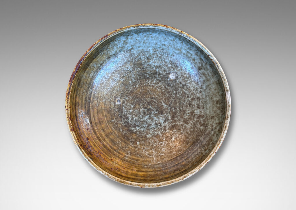 Gallery BAC gently arced form glazed in olive, tan and light blue, stoneware