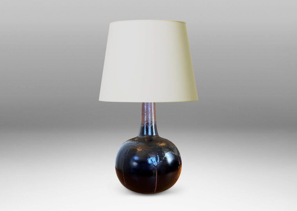 Gallery BAC gourd form with plump globe and attenuated neck, with textile texture draping around shoulder, glazed in black with red luster